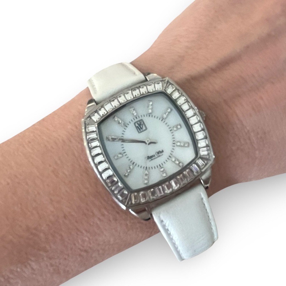 Victorian Wieck White Leather Band Rhinestone Watch - Picture 5 of 6